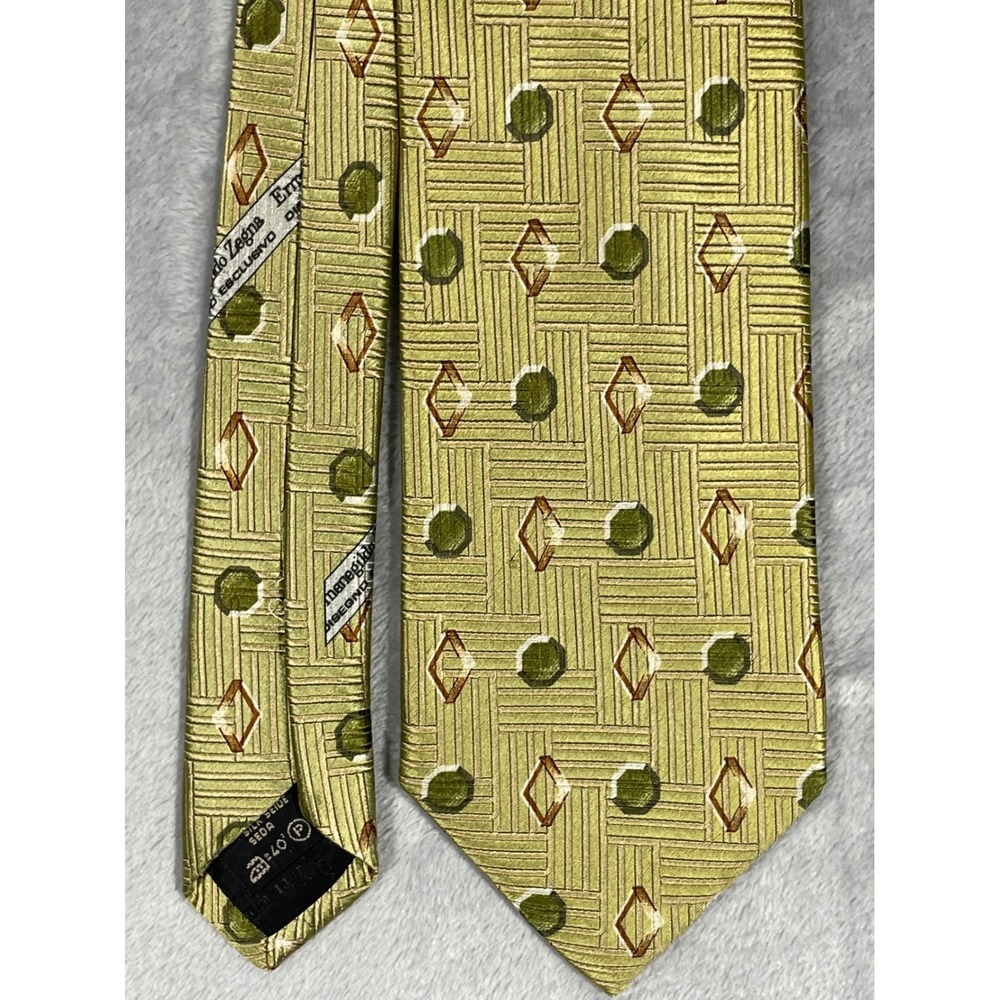 Ermenegildo Zegna Silk Tie‎ Green Geometric Diamond Circle Made in Italy 3901-EZ